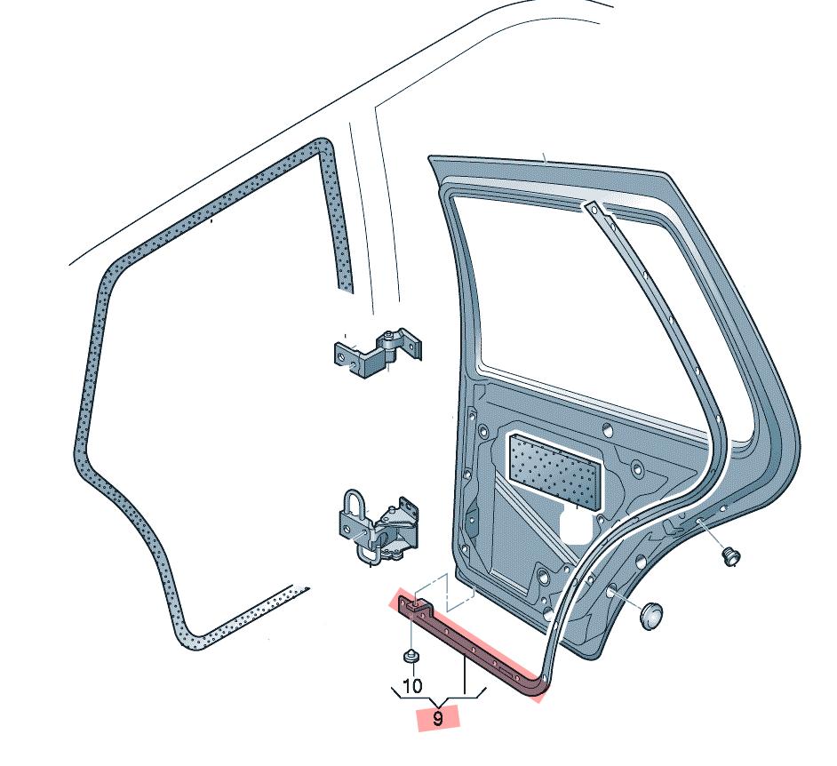 Vedação Soleira longa porta traseira Golf mk4 e mk4,5. Lado PASSAGEIRO